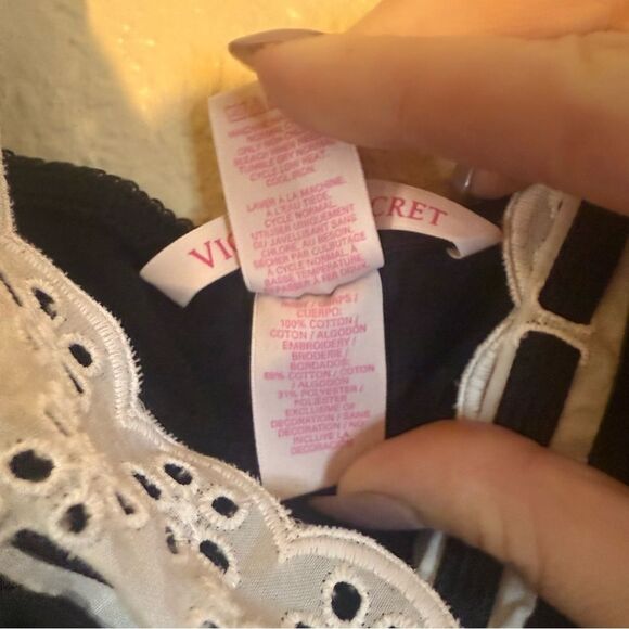 Victoria's Secret 2014 Black Blouse with White Lace Detail babydoll tank top L - Picture 5 of 7